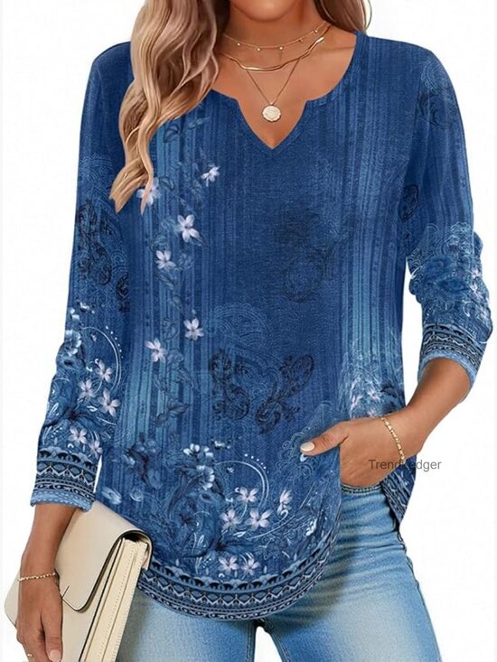 Tops - Long Sleeve V-Neck Tunic Top, Polyester Spandex Blend, Boho Casual Dressy